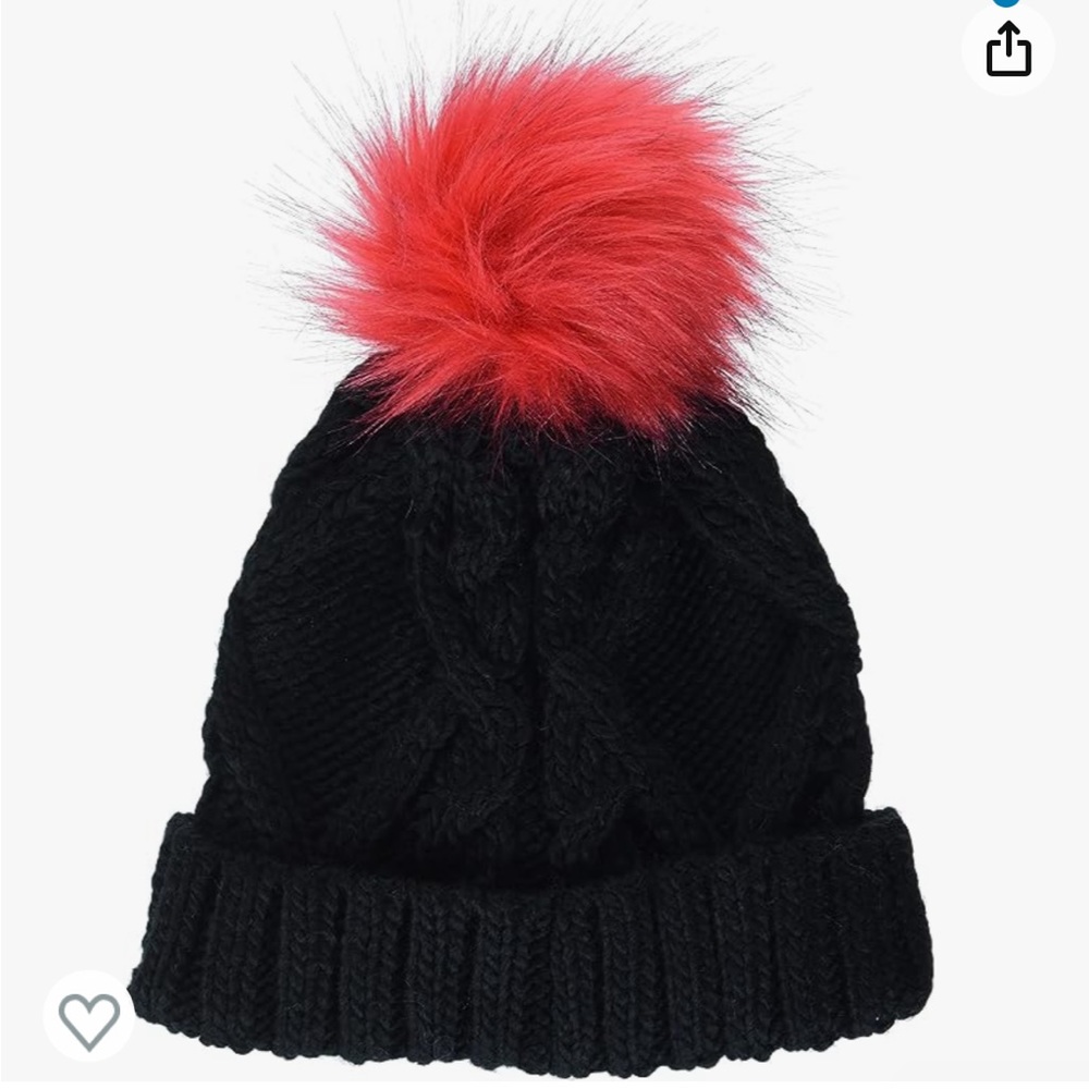 Amazon Essentials Kids' Little Knitted Faux Fur Pom Beanie Black Red one Size
